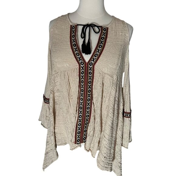Free People Size S Beige For The Love of Flowers Boho Cold Shoulder Tunic Top - Picture 2 of 16